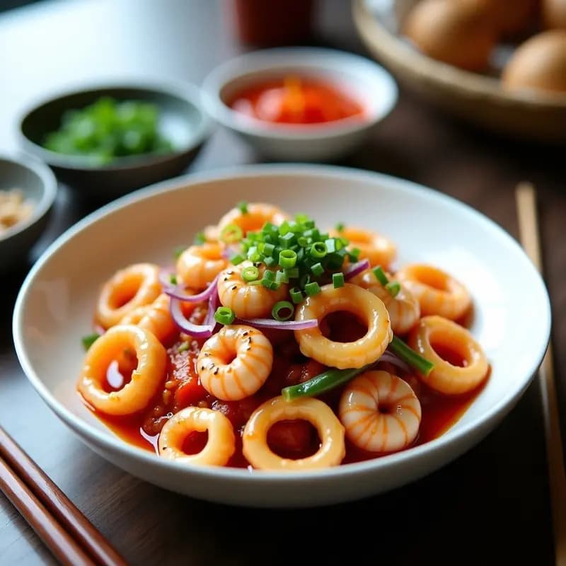 Ensalada coreana Polyeogi Muchim en bol blanco: calamar fresco en anillos marinado en salsa gochujang, con cebolla morada, pimiento rojo y semillas de sésamo. Decorado con cebollino y aceite de sésamo brillante.