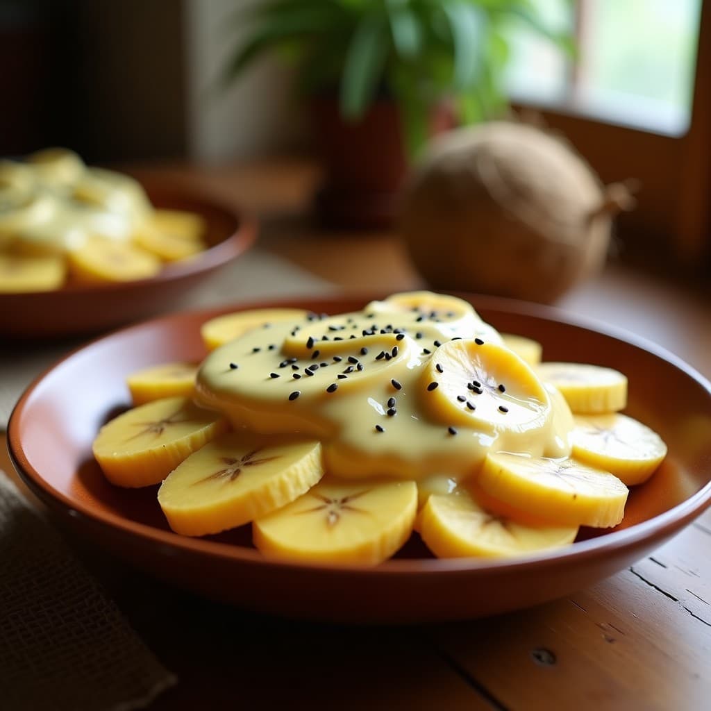 Cuenco de barro con poring filipino vegano: rodajas de plátano macho amarillas cocidas al vapor, bañadas en una salsa cremosa de queso de anacardos y leche de coco, espolvoreadas con semillas de chía negras. Fondos borrosos de cocina tradicional.