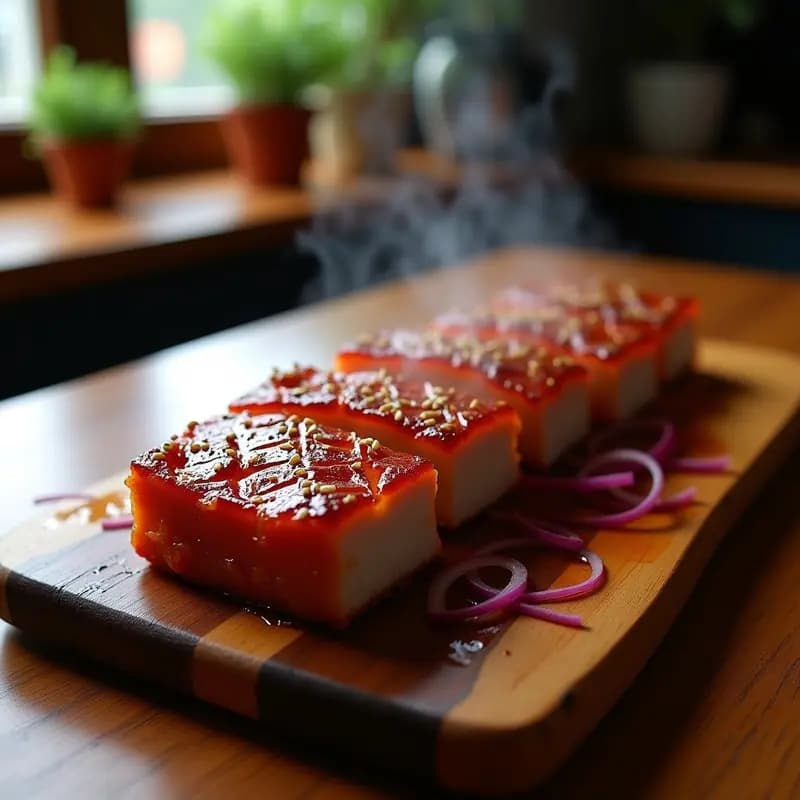 Pork belly al estilo coreano con salsa gochujang horneado, crujiente por fuera y jugoso por dentro, servido sobre hojas de lechuga romana con cebolla morada en juliana y semillas de sésamo, receta de horno.