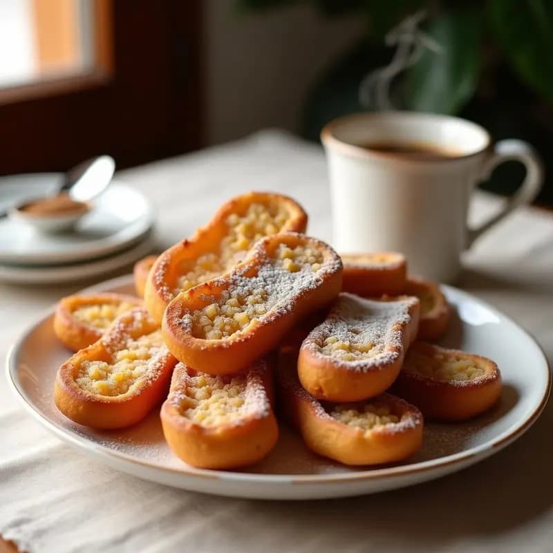 Plato blanco con porras doradas y crujientes espolvoreadas con azúcar y canela, servidas sobre un mantel rústico de lino. Receta tradicional española de desayuno o merienda.