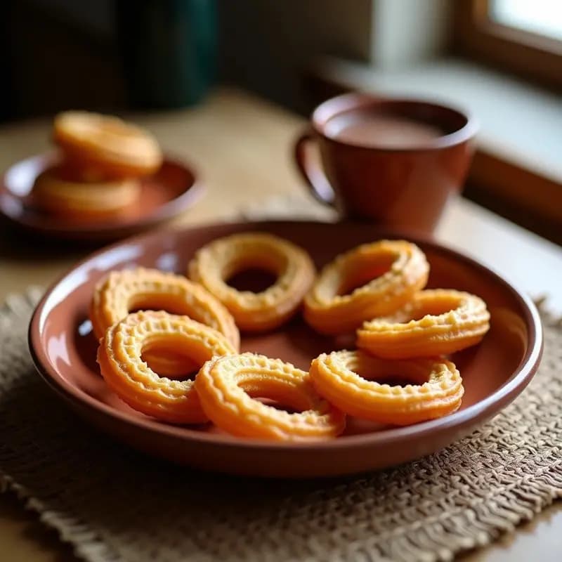 Plato de porras andaluzas doradas y esponjosas servidas en un plato rústico, acompañadas de un tazón humeante de chocolate caliente espeso con canela. Receta tradicional de porras con chocolate para desayuno o merienda.
