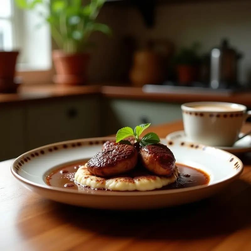 Plato hondo de cerámica blanca con porras doradas y crujientes espolvoreadas con azúcar, acompañadas de una taza de chocolate a la taza espeso y brillante con espuma en la superficie, sobre una mesa de madera rústica con una rama de canela y una cuchara de madera. Desayuno tradicional español para días fríos.