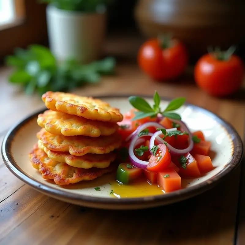 Plato tradicional murciano con porras Santomera doradas y crujientes, acompañadas de una ensalada fresca de tomate, pimiento verde y cebolla morada con perejil.