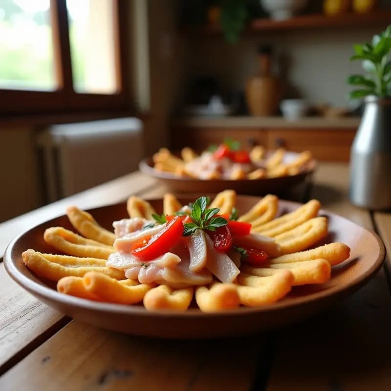Plato rústico de madera con porras doradas y crujientes rellenas de ventresca de atún desmenuzada y tiras de pimientos asados rojos, aperitivo manchego tradicional sobre fondo de cocina campestre.