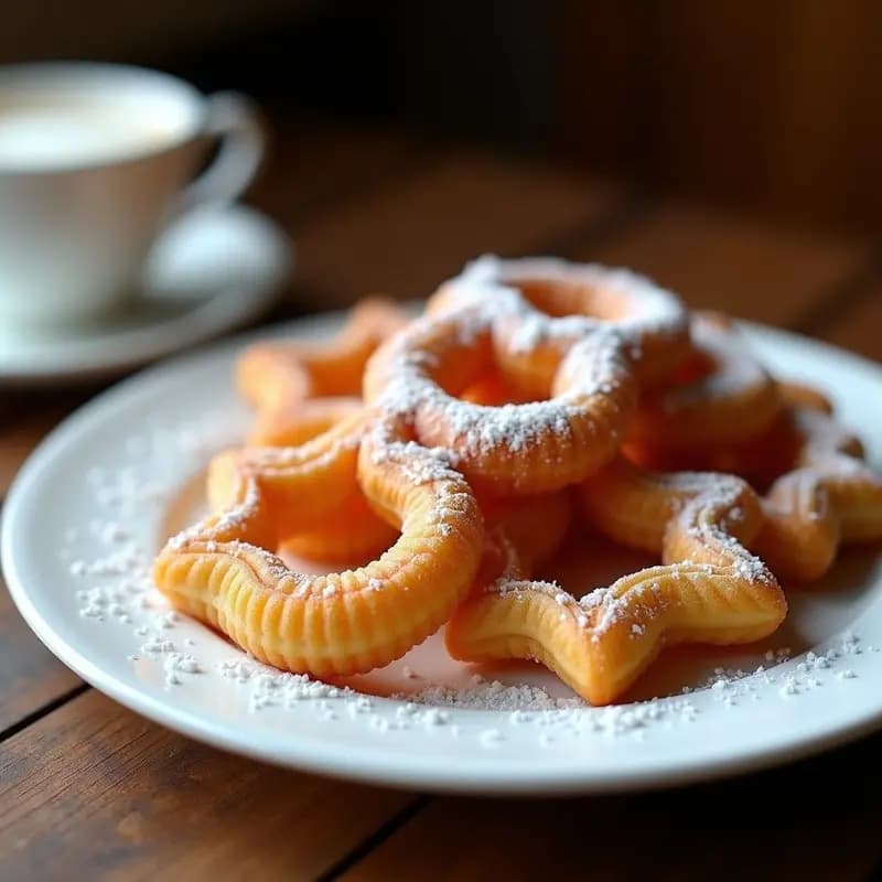 Plato blanco con porras a la Wilmette, churros gruesos y dorados espolvoreados con azúcar blanco, sobre fondo rústico de madera. Desayuno madrileño tradicional.
