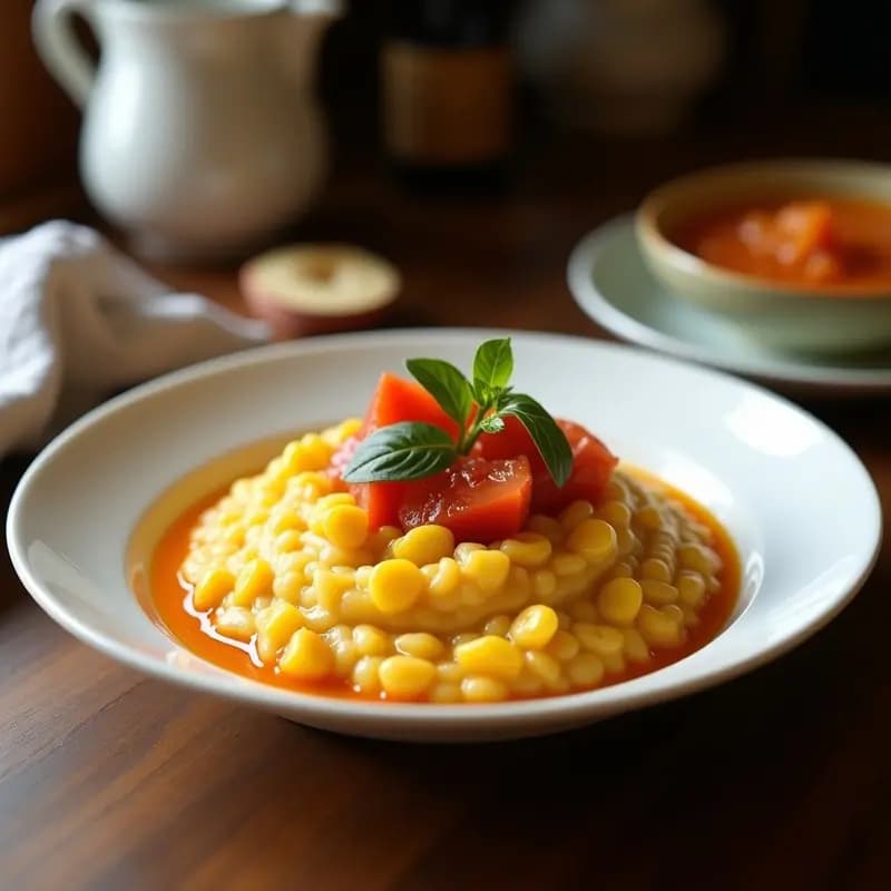 Bol de barro con porridge cremoso de semillas de amapola coronado por compota de melocotón dorado, espolvoreado con nueces y canela, sobre fondo rústico de madera. Desayuno sin gluten y rico en calcio.