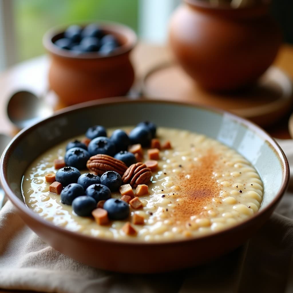 Cuenco de porridge espeso de color beige con semillas de chía visibles, coronado con arándanos frescos azules y nueces pecanas picadas. Textura cremosa y entorno rústico con toques mexicanos.