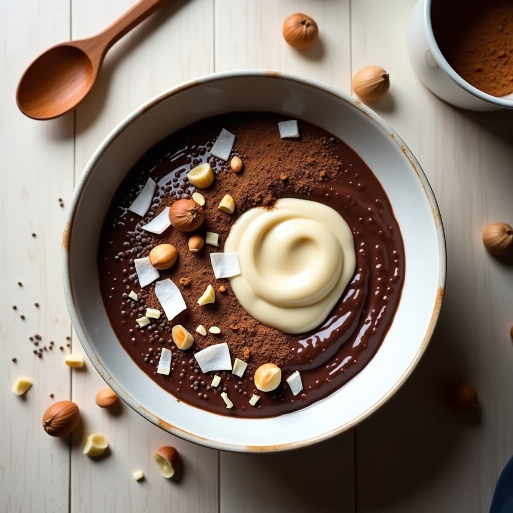 Bol hondo de cerámica blanca con porridge de amaranto y cacao, cubierto por una espiral de crema de avellanas casera, decorado con virutas de coco, canela en polvo y avellanas picadas. Fondo de madera clara con una cuchara de madera y semillas de chía esparcidas.