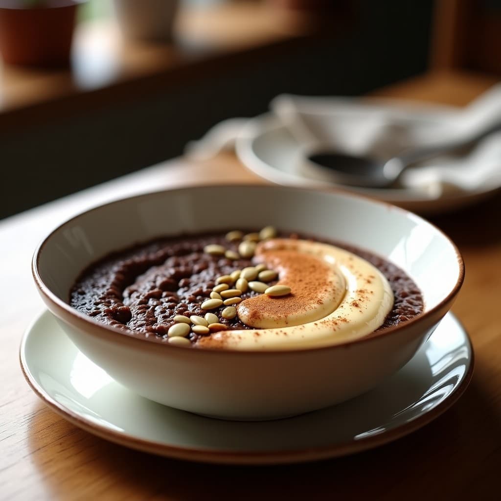 Bol hondo de cerámica blanca con porridge de amaranto y cacao, cubierto con crema de semillas de girasol espesa, semillas doradas y un espolvoreado de canela. Textura cremosa y color oscuro del cacao, fondo neutro con detalles rústicos.