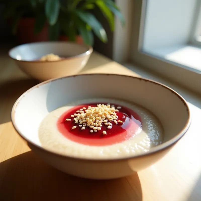 Bol hondo de cerámica blanca con porridge de amaranto cremoso, cubierto de puré de ciruela ume brillante y espolvoreado con semillas de sésamo tostadas doradas. Desayuno japonés sin lácteos sobre fondo de madera clara.