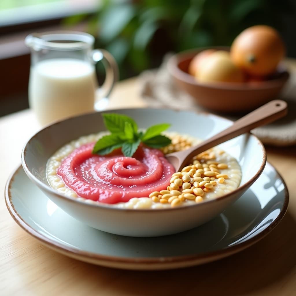 Bol de cerámica blanca con porridge de amaranto cremoso, cubierto con compota de guayaba dorada y semillas de girasol tostadas. Desayuno sin lactosa, saludable y energético.