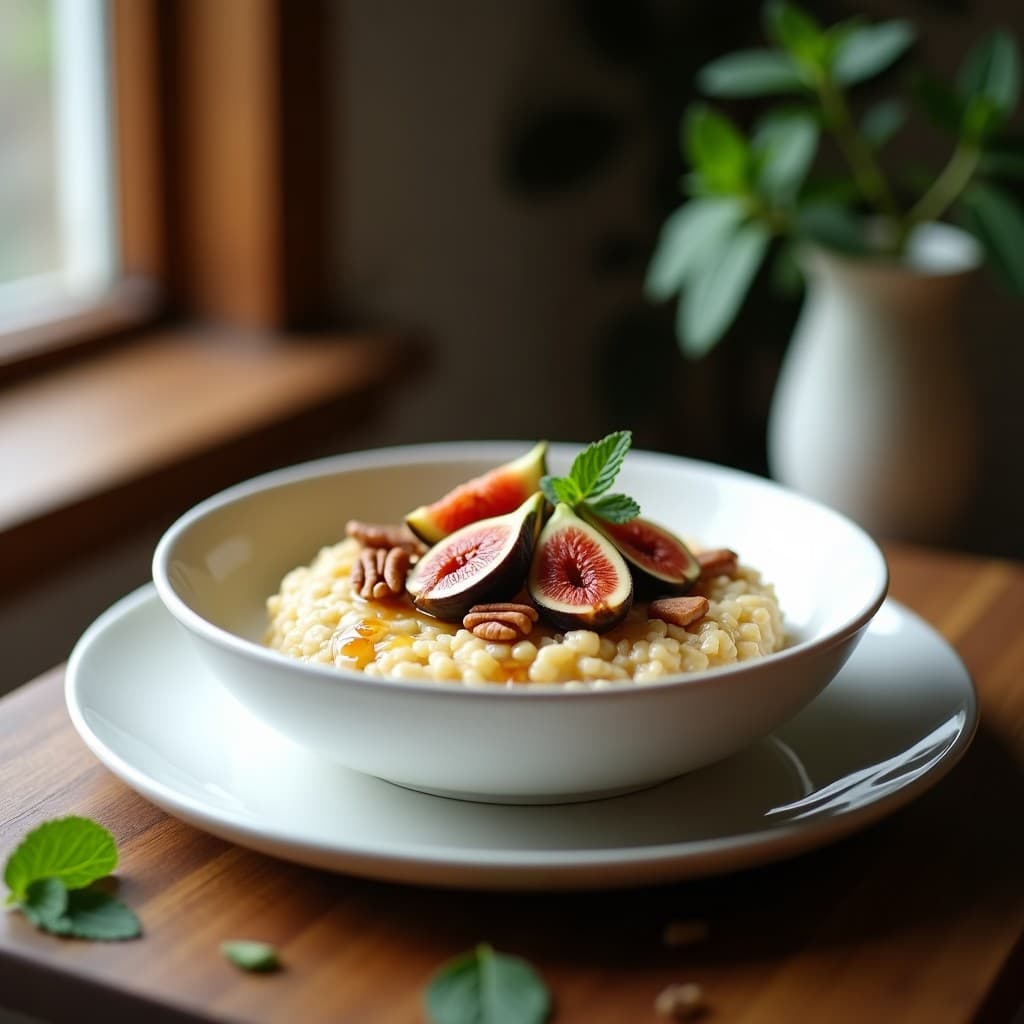 Bol de cerámica blanca con porridge de amaranto cremoso, coronado con higos frescos en cubos, nueces pecanas tostadas y un hilo de miel de agave. Fondo rústico con textura de madera y hojas de menta como decoración.