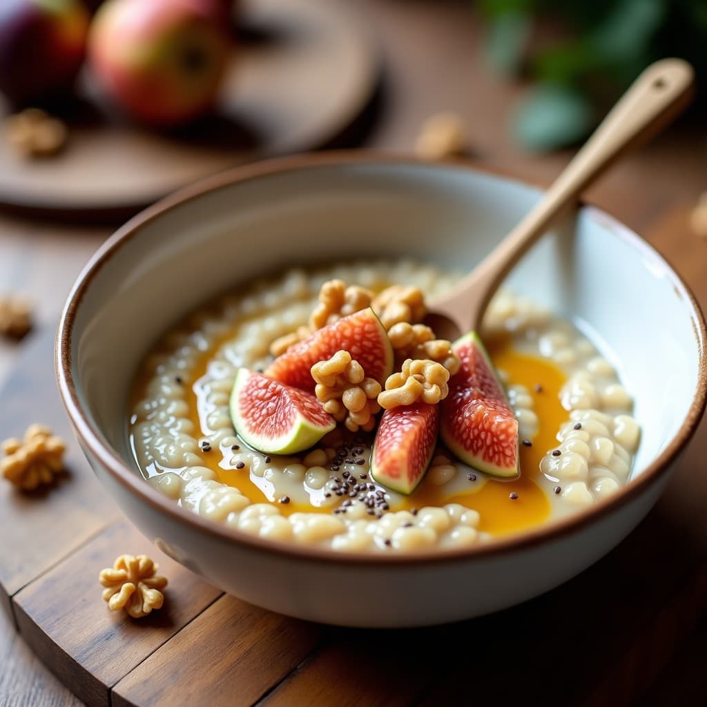 Bol de cerámica blanca con porridge de amaranto cremoso, cubierto de higos frescos en cubos, nueces picadas y un hilo de sirope de arce. Fondo rústico de madera con cucharón de madera y semillas de chía esparcidas. Desayuno vegano y sin gluten.