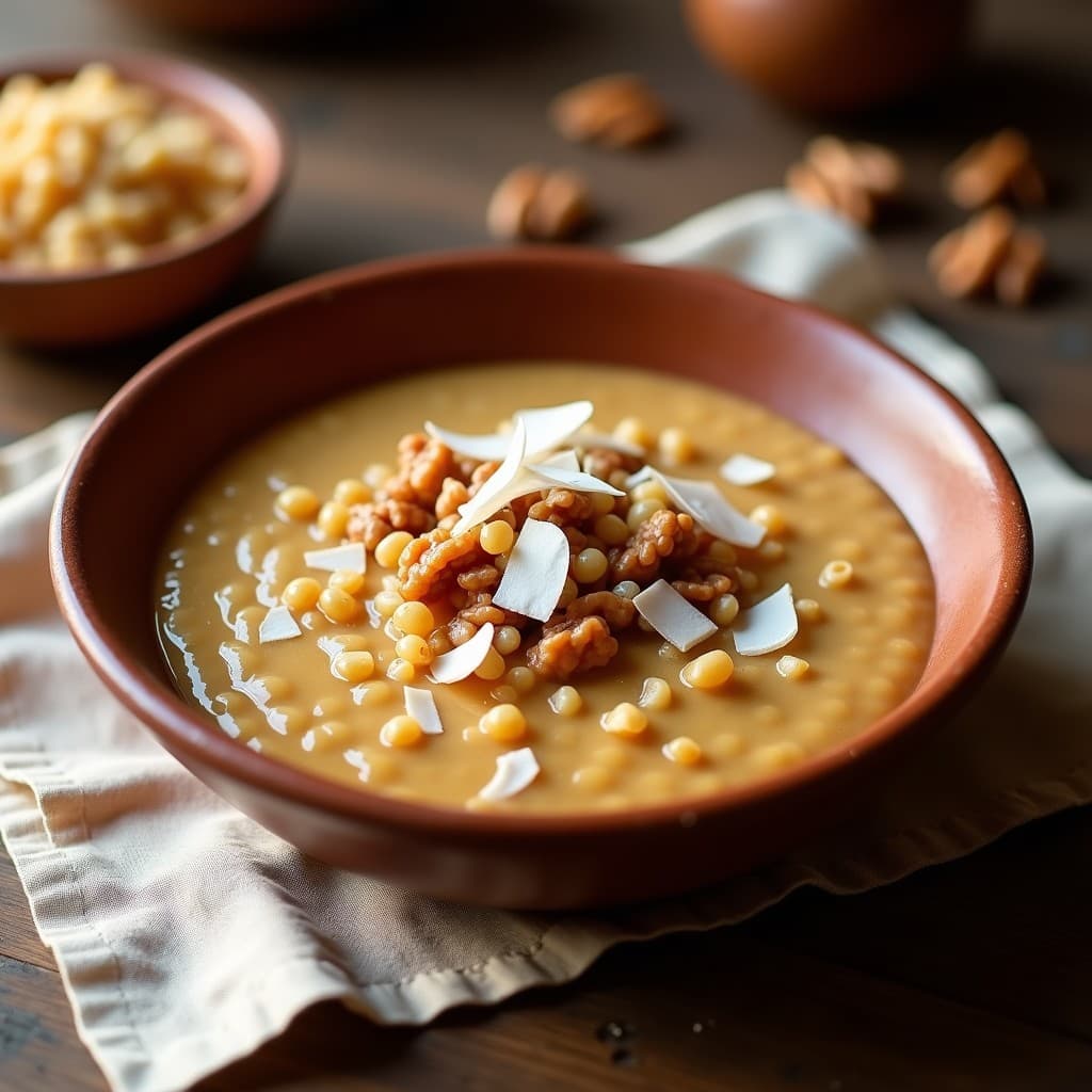 Bol de barro con porridge de amaranto cremoso, coronado con nueces picadas y coco rallado. Textura espesa y color dorado, con un fondo rústico que evoca la cocina azteca tradicional.