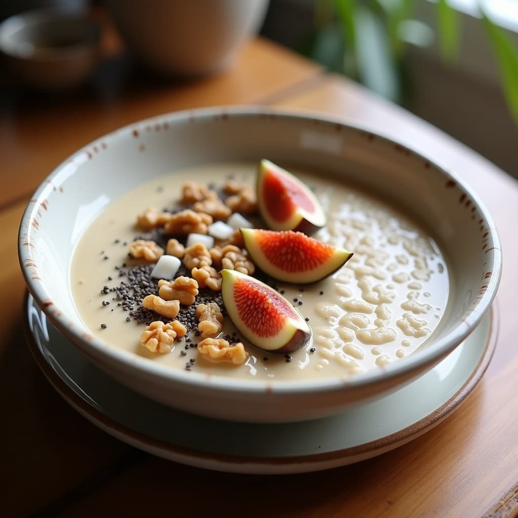 Bol hondo de cerámica blanca con porridge de amaranto cremoso, cubierto con higos frescos en cubos, semillas de chía, nueces picadas y coco rallado. Fondo rústico con textura de madera y luz natural suave, resaltando el desayuno peruano sin azúcar.