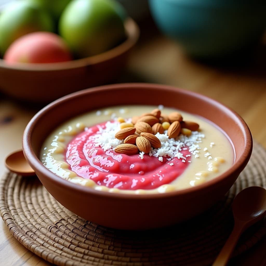 Bol de barro con porridge de amaranto cremoso, cubierto con puré de guayaba rosado, almendras fileteadas y coco rallado. Desayuno mexicano sin lácteos en un fondo rústico de madera.