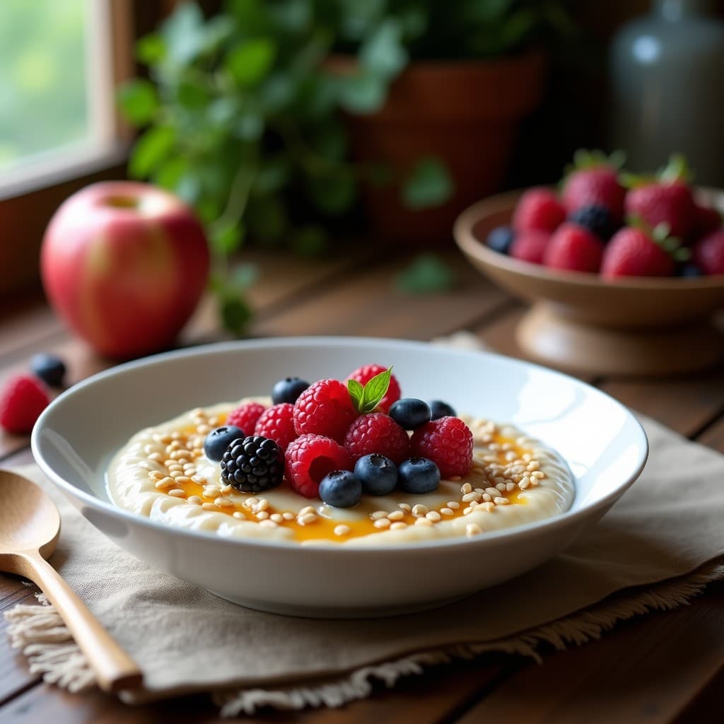 Bol de cerámica blanca con porridge de amaranto cremoso, decorado con frutos del bosque frescos (fresas, arándanos y frambuesas), un hilo de miel y un espolvoreado de canela. Fondo rústico de madera con una cuchara de madera al lado.