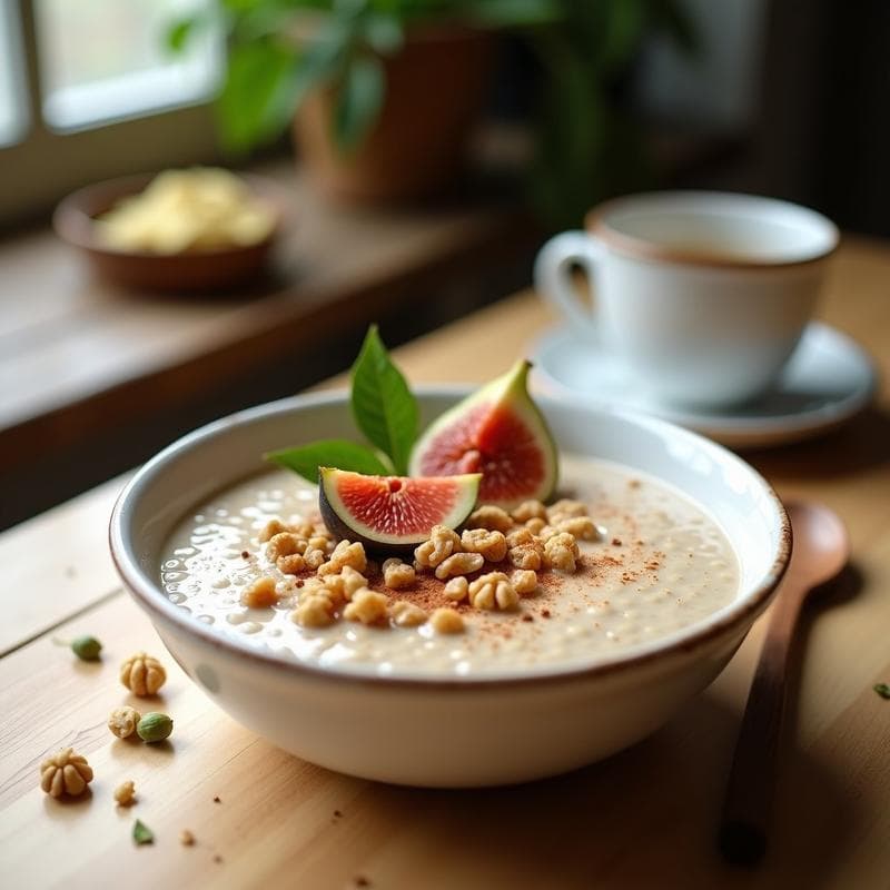 Bol de cerámica blanca con porridge de amaranto cremoso, espolvoreado con canela, trozos de higos frescos y nueces picadas. Fondo rústico con cuchara de madera y semillas de cardamomo dispersas.