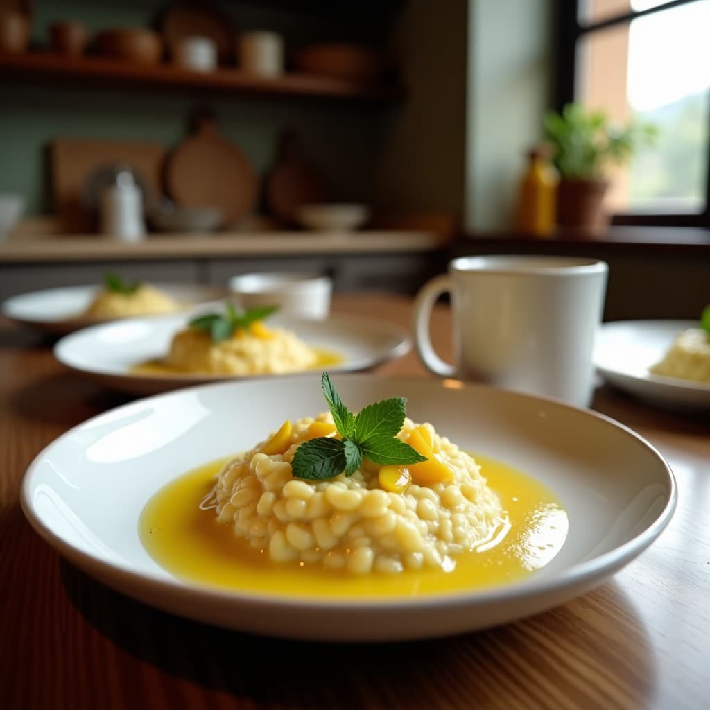 Bol de cerámica blanca con porridge de amaranto cremoso, cubierto con compota de manzana verde brillante y decorado con nueces picadas y semillas de chía. Fondo rústico con texturas de madera y luz natural.