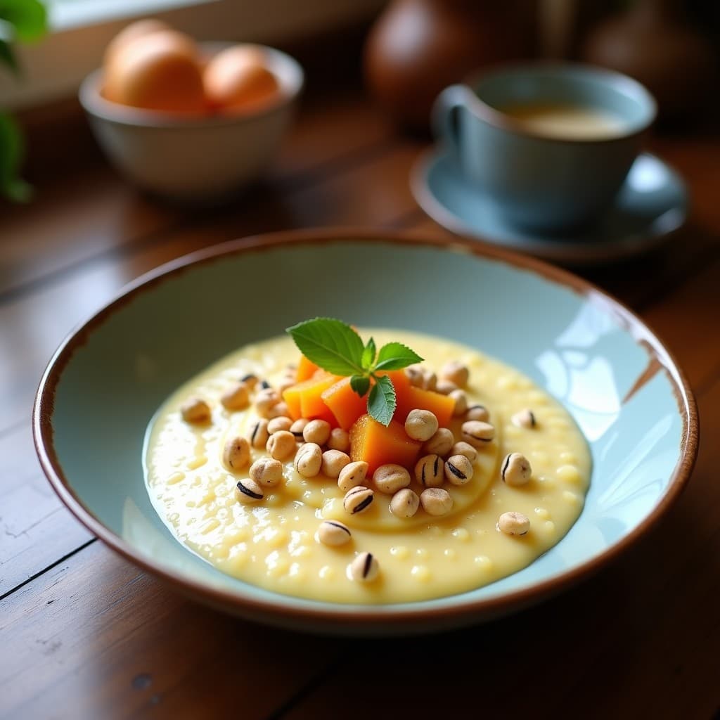 Bol de cerámica negra con porridge cremoso de amaranto y leche de coco, coronado con pulpa dorada de granadilla, coco rallado y almendras tostadas. Fondos borrosos de hojas de menta y semillas de chía esparcidas sobre la mesa de madera rústica.