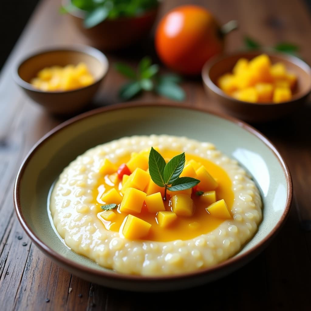 Bol de cerámica blanca con porridge de amaranto cremoso, cubierto de compota de mango dorada y espolvoreado con coco rallado. Fondo con textura de madera y hojas de menta fresca. Desayuno peruano sin lácteos.