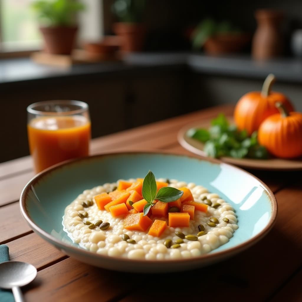 Bol de cerámica blanca con porrige de amaranto cremoso, coronado con semillas de calabaza doradas y coco rallado, servido sobre una mesa de madera rústica con una cuchara de madera. Desayuno azteca sin gluten.
