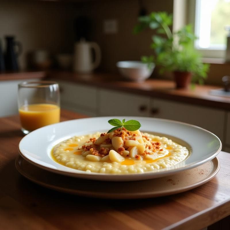 Bol de cerámica blanca con porridge de amaranto dorado, espolvoreado con canela y decorado con nueces picadas y trozos de dátiles. Fondo de madera rústica con una cuchara de madera y una taza de té al lado.