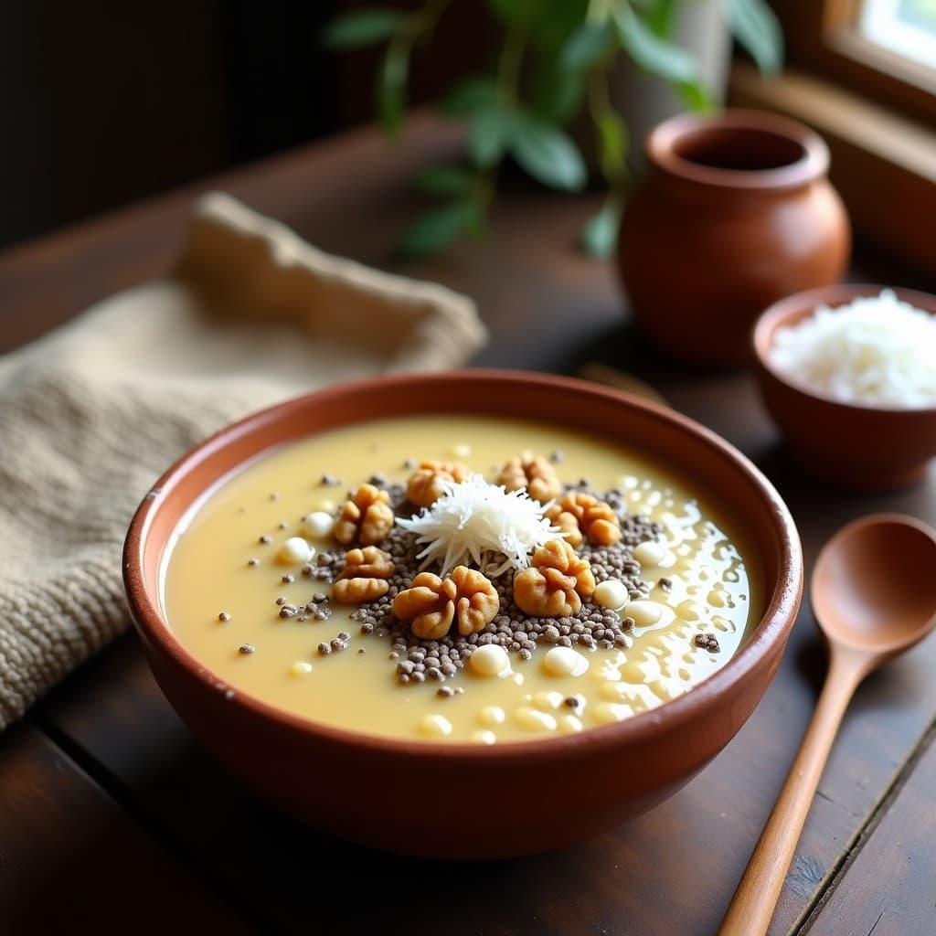 Bol de cerámica blanca con porridge de amaranto y polvo de maca, decorado con coco rallado toastado, almendras fileteadas y semillas de chía. Textura cremosa y color dorado terroso. Desayuno energético andino sin lactosa.