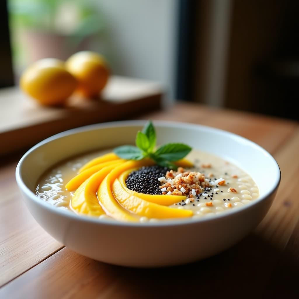 Bol hondo de cerámica blanca con porridge cremoso de amaranto, cubierto con puré de mango amarillo brillante, semillas de chía negras hidratadas y coco rallado. Desayuno maya sin gluten sobre fondo rústico de madera.