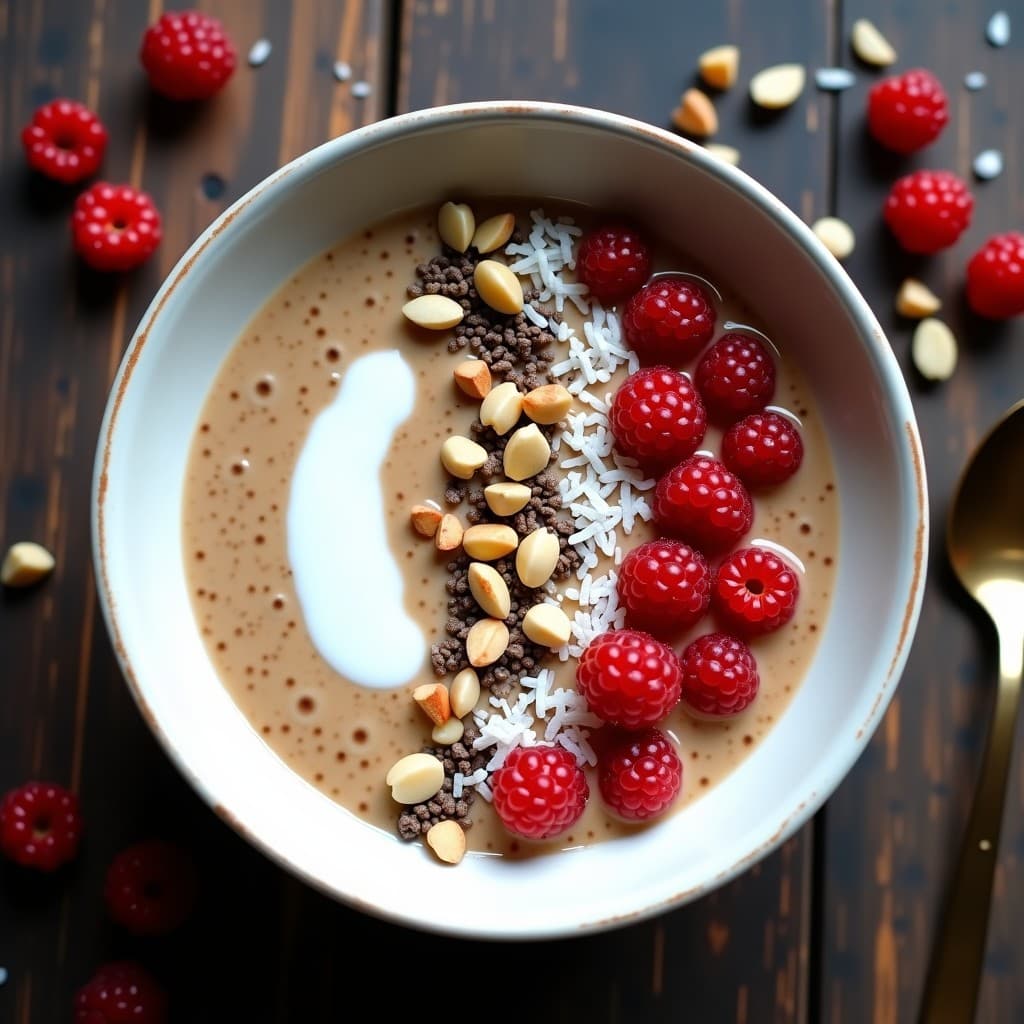 Bowl de porcelana blanca con porridge de amaranto y moras de goji, leche de cardencha, decorado con nueces de Brasil picadas y coco rallado. Textura cremosa con semillas de chía visibles y un fondo rústico de madera oscura.