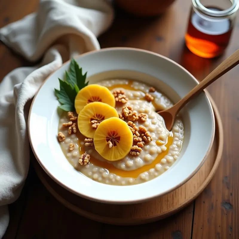 Bol de barro con porridge de amaranto y plátano macho, cremoso y dorado, decorado con rodajas de plátano, sirope de arce brillante, nueces picadas y semillas de chía. Fondo rústico con cuchara de madera y textura suave del porridge visible.