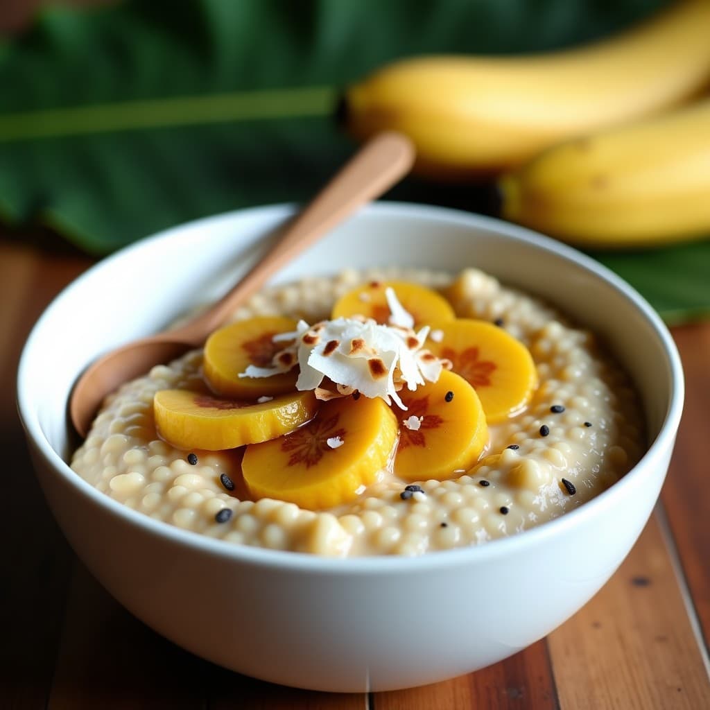 Bol hondo de cerámica blanca con porridge de amaranto cremoso, coronado por rodajas doradas de plátano macho, espolvoreado con coco rallado y semillas de chía. Fondo con hojas de plátano y una cucharita de madera, estilo caribeño.