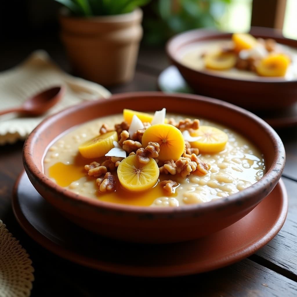 Bol de barro con porridge de amaranto y plátano macho con miel de agave, decorado con rodajas de plátano, nueces picadas y coco rallado sobre fondo rústico de madera.