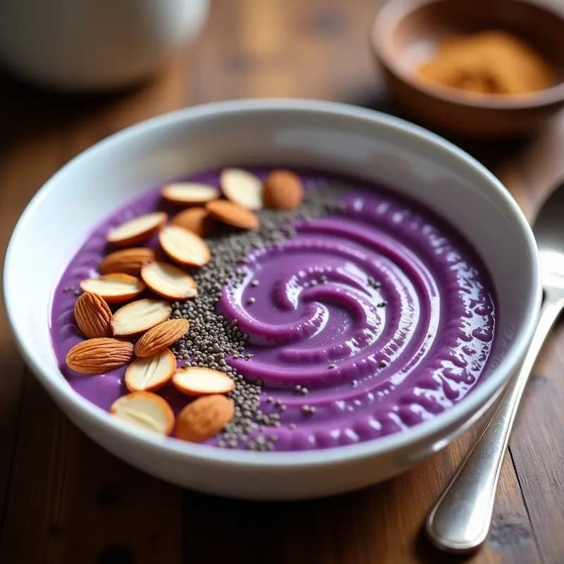 Cuenco de cerámica blanca con porridge de amaranto y puré de boniato morado keto, decorado con almendras fileteadas y canela, sobre fondo rústico de madera con cucharita de madera.