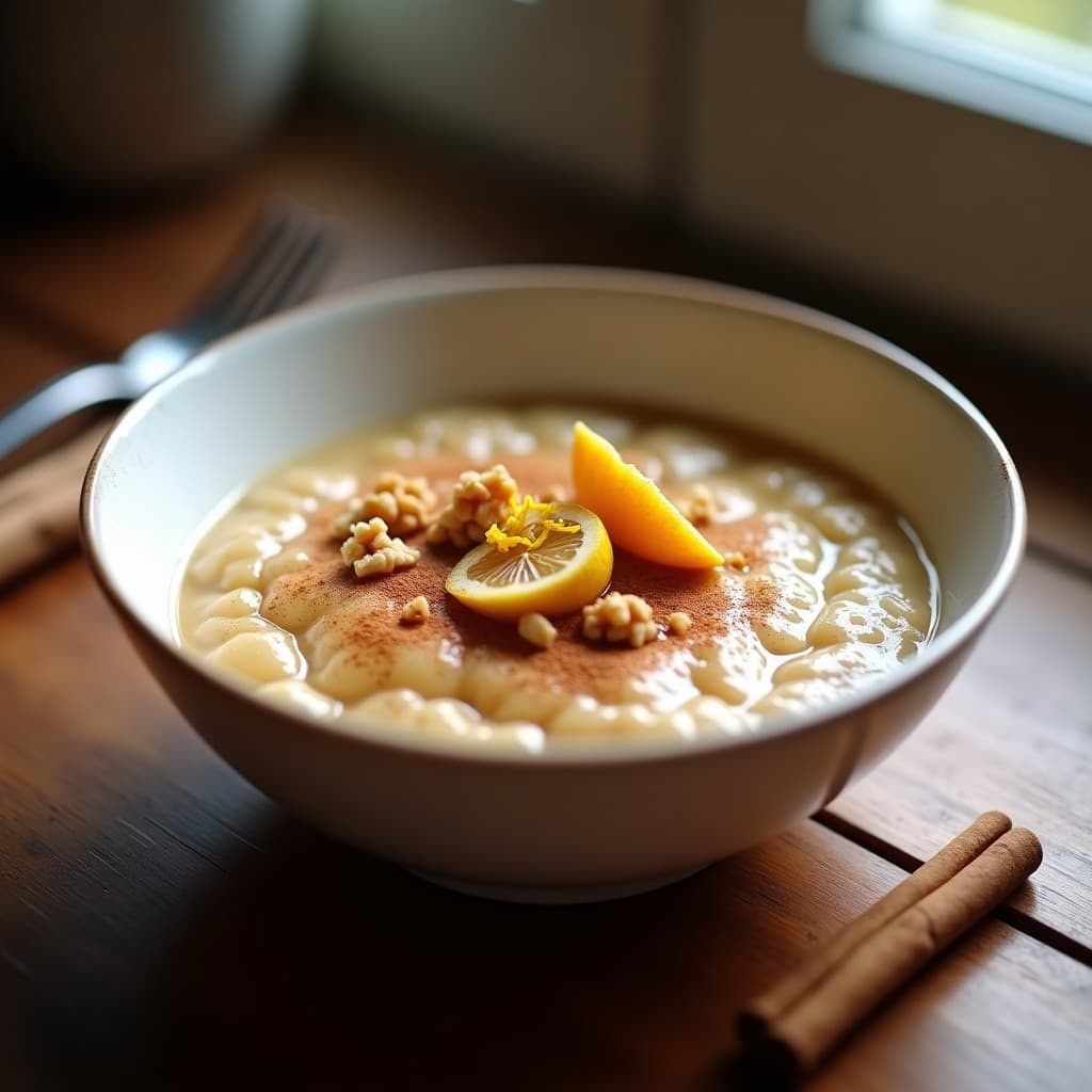 Bol de cerámica blanca con porridge cremoso de avenuela, cubierto de compota espesa de higo chihuahua de color ámbar, espolvoreado con canela molida, nueces picadas y ralladura de limón. Fondo rústico con textura de madera y una rama de canela al lado.