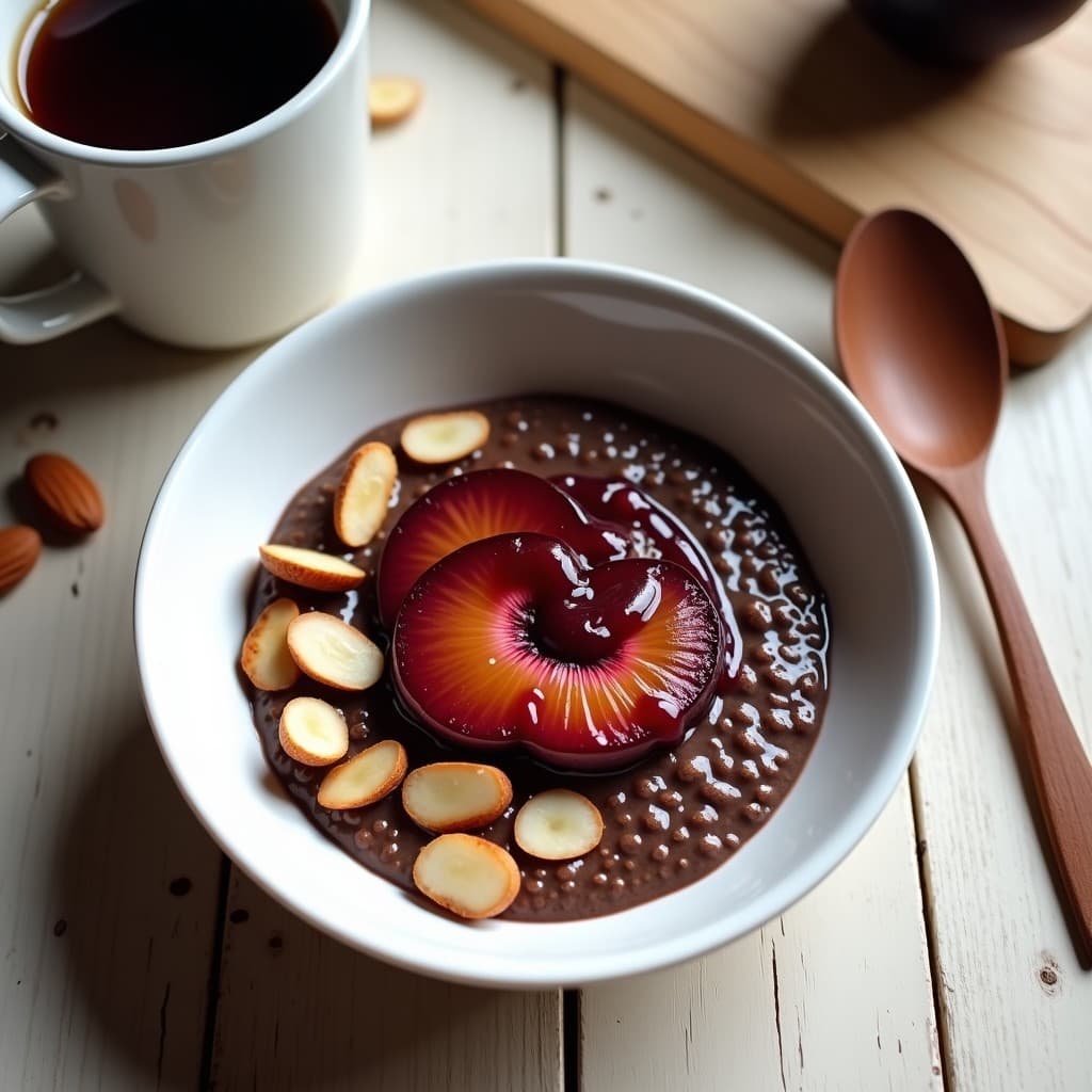 Cuenco de cerámica blanca con porridge de cacao y almendras, textura cremosa y color marrón oscuro, coronado con compota de ciruela brillante y almendras fileteadas tostadas. Desayuno keto sin lactosa en un fondo rústico de madera clara.