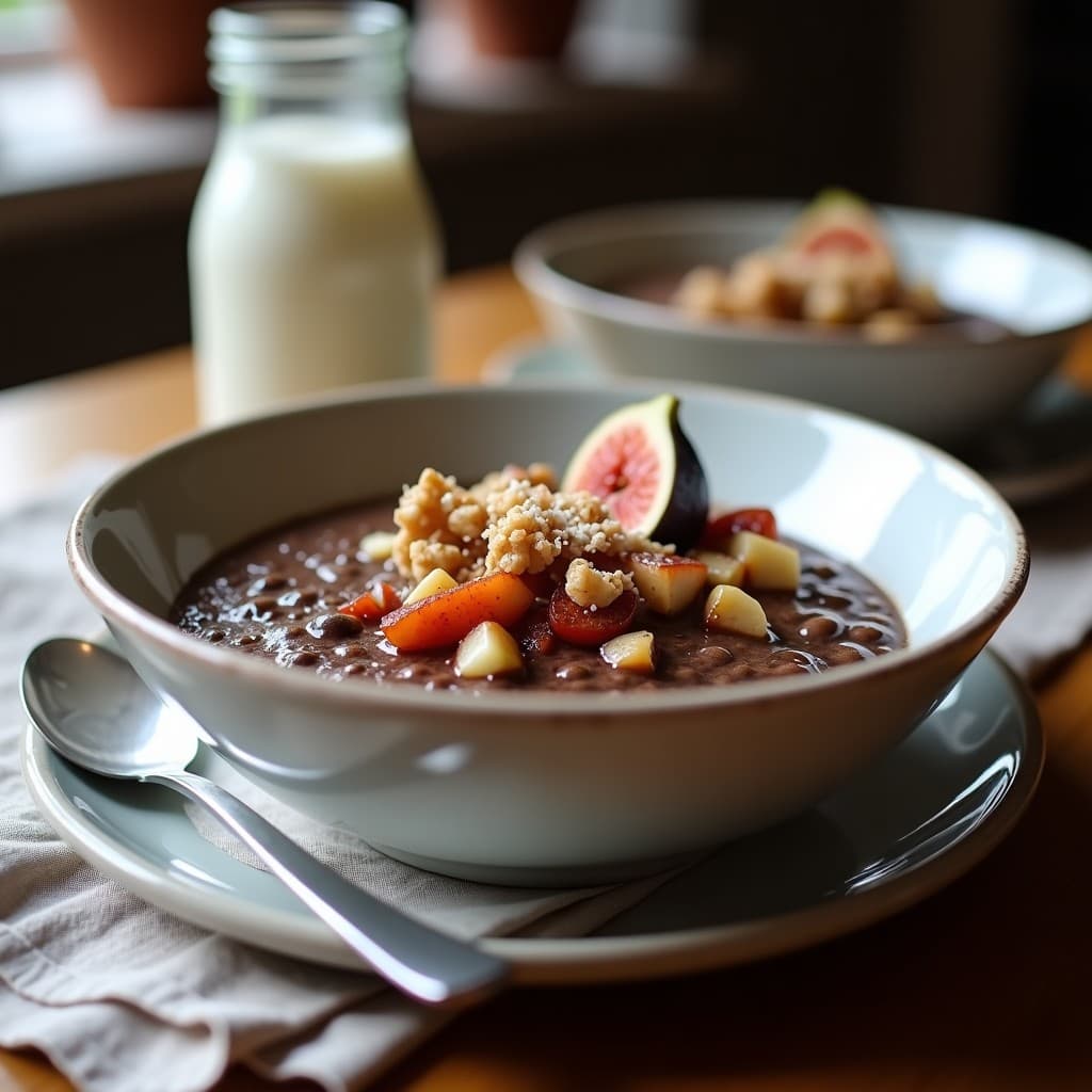 Bol hondo de cerámica blanca con porridge de cacao y chía de color marrón oscuro, cubierto con compota de higos dorados y trozos de nueces. Textura cremosa y decoración con coco rallado y canela espolvoreada. Plato de desayuno sin gluten y alta en fibra.