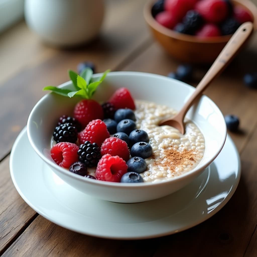 Bol de cerámica blanca con porridge cremoso de semillas de cáñamo, decorado con frutos rojos frescos (arándanos, frambuesas y moras), espolvoreado con coco rallado y canela, sobre un fondo de madera rústica con una cuchara de madera. Desayuno keto sin lactosa.