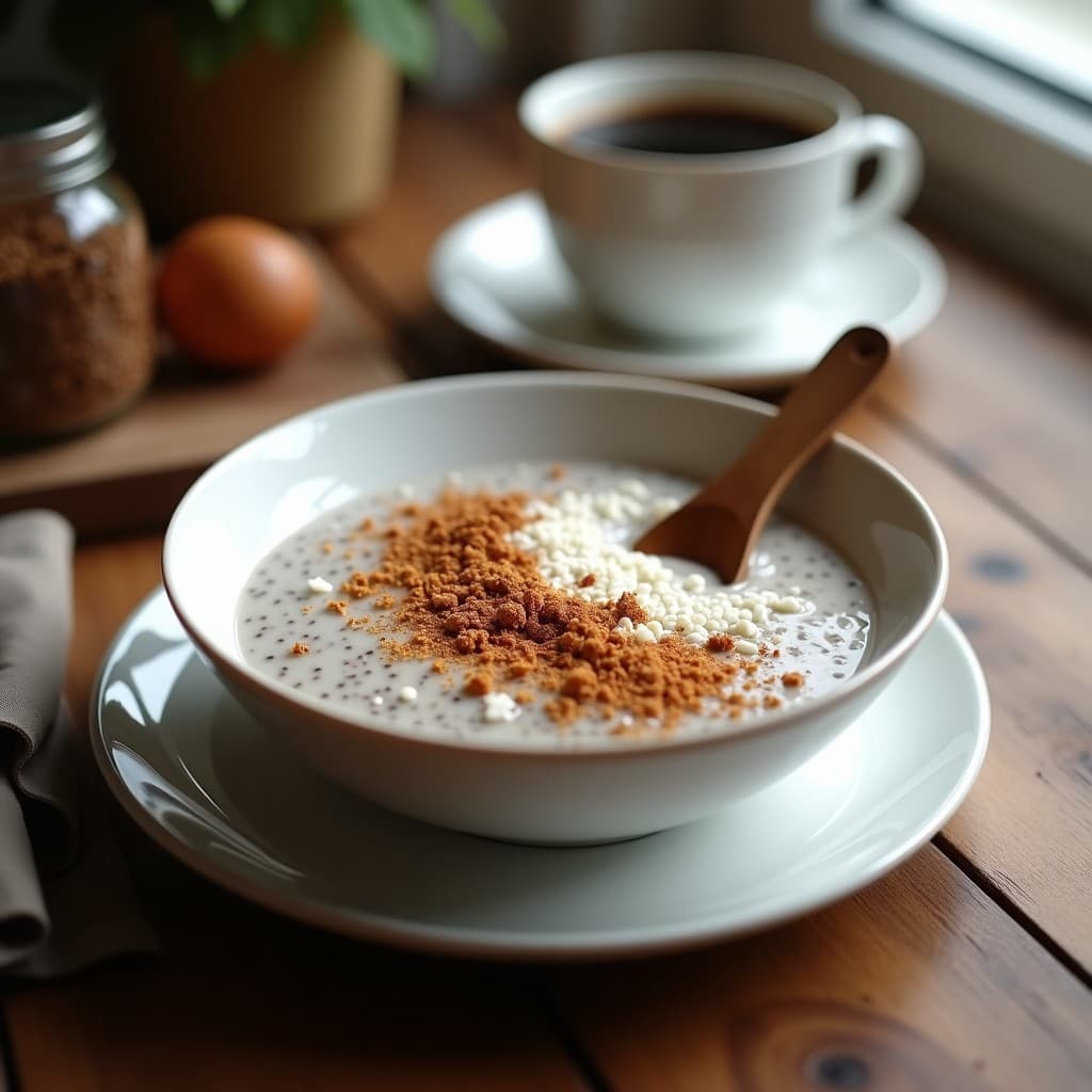 Bol de porcelana blanca con porridge de chía cremoso, espolvoreado con canela, coco rallado y avellanas tostadas picadas. Fondo rústico con cuchara de madera y taza de café.