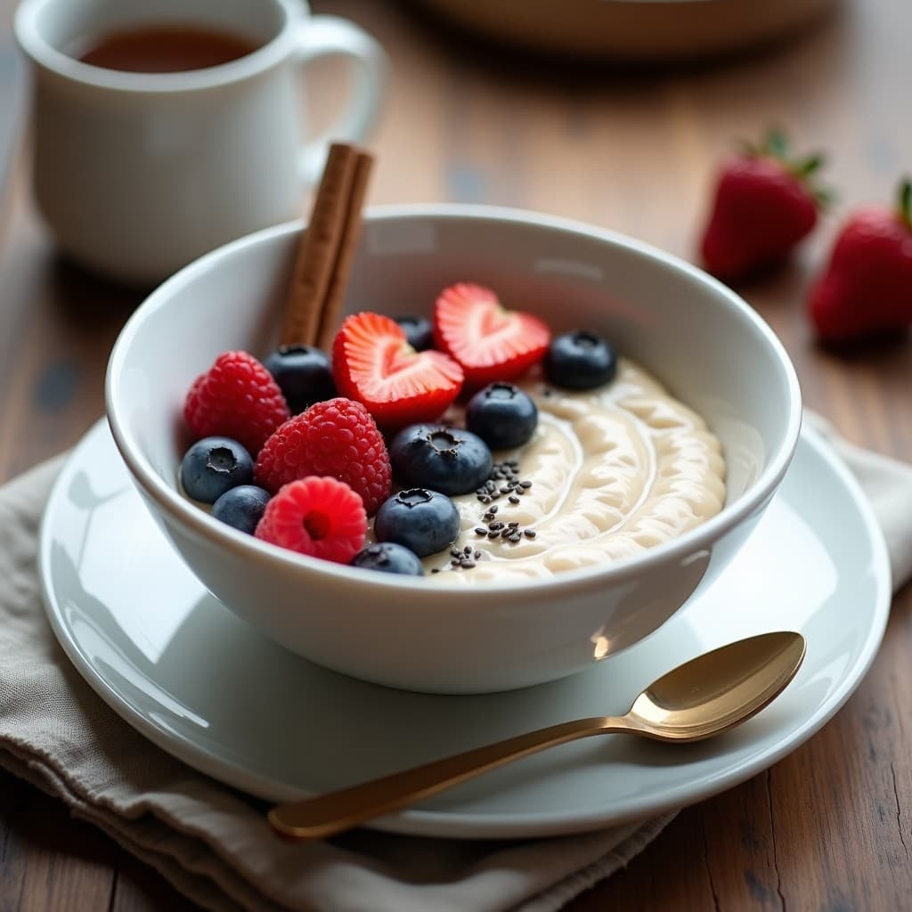 Bol de porcelana blanca con porridge cremoso de color beige claro, aromatizado con canela, decorado con frutos rojos frescos (fresas, arándanos y frambuesas) y semillas de chía. Fondo rústico con servilleta de lino y rama de canela.