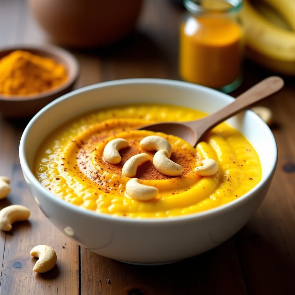 Bol de cerámica blanca con porridge de cúrcuma y plátano macho sin lácteos, decorado con anacardos tostados y un espolvoreado de canela. Textura cremosa y color dorado intenso, servido sobre una mesa de madera rústica con una cuchara de madera.