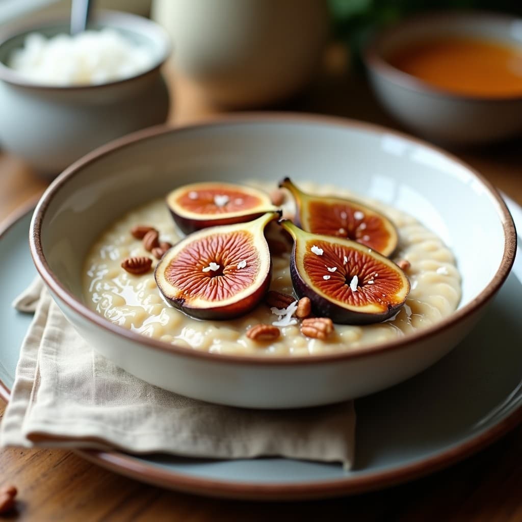 Bol de cerámica blanca con porridge de fonio cremoso, higos caramelizados dorados, nueces de pecana tostadas y coco rallado. Desayuno keto sin gluten con textura sedosa y colores cálidos.