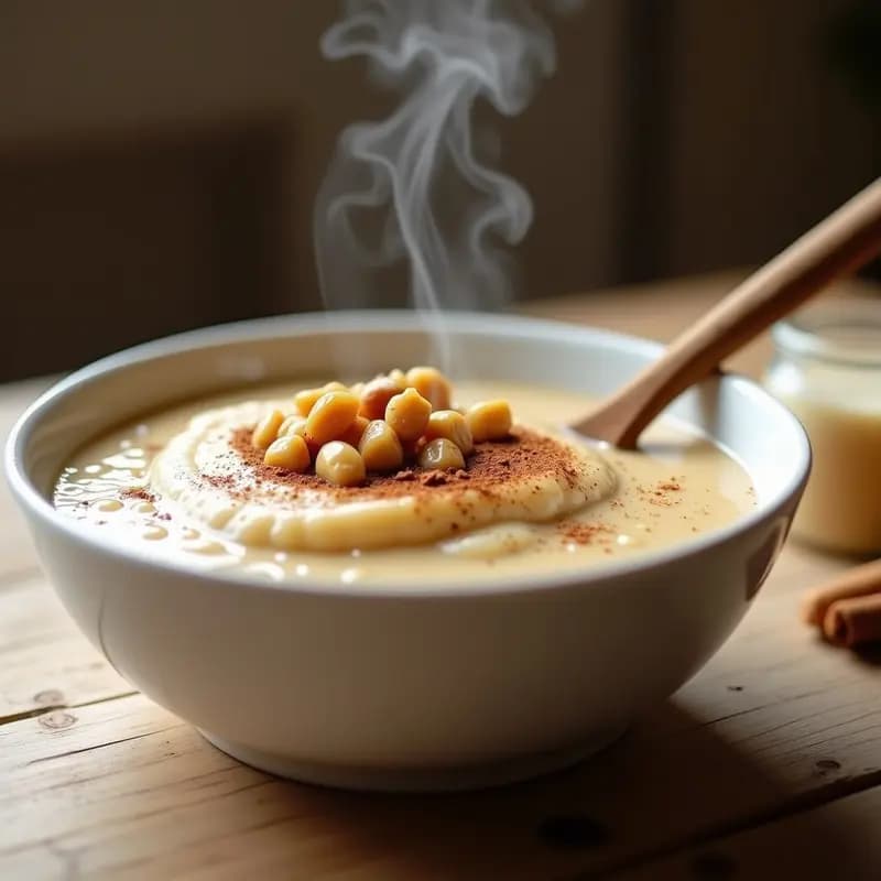 Bol de cerámica blanca con porridge de mijo cremoso, espolvoreado con canela y nueces picadas, servido con una cuchara de madera y un fondo rústico de madera clara.