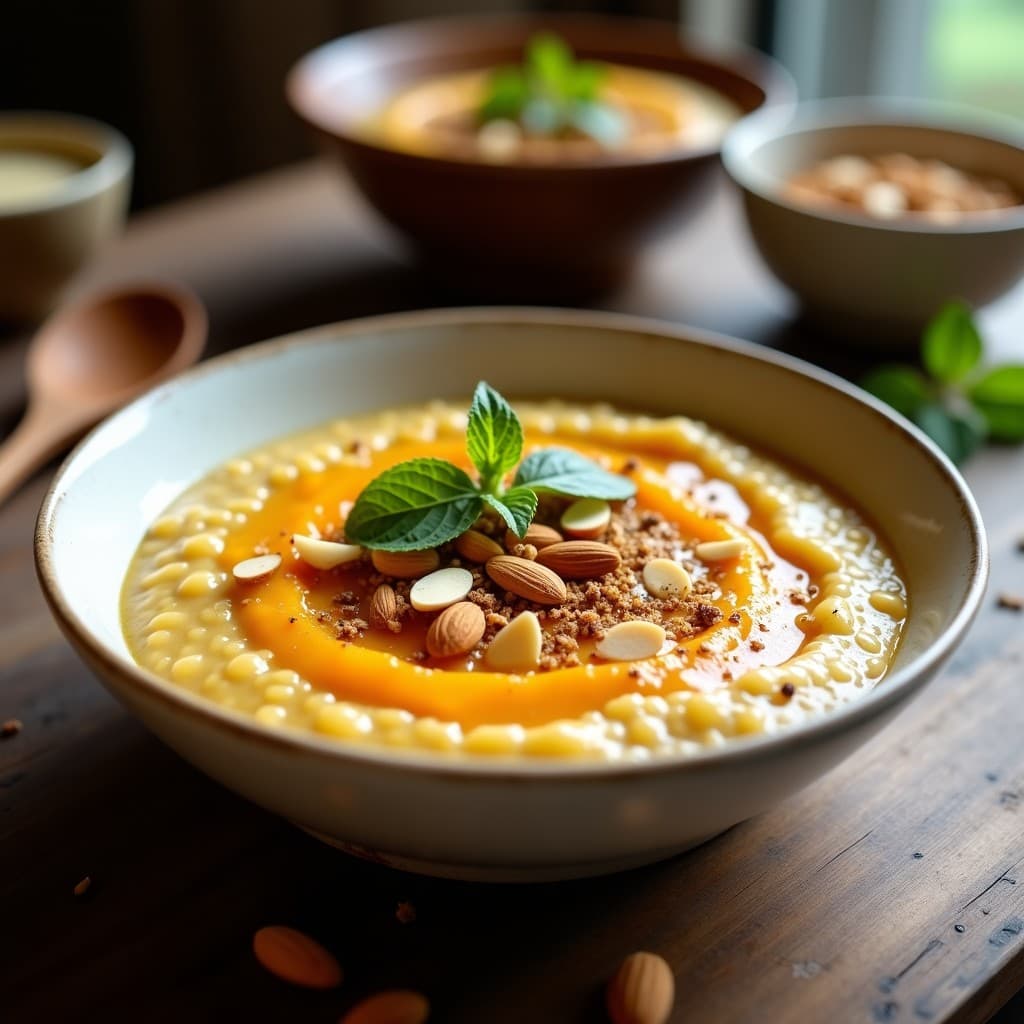 Bol de cerámica blanca con porridge de mijo y calabaza de color dorado, espolvoreado con especias marroquíes, almendras fileteadas y hojas de menta fresca. Fondo rústico con textura de madera y cuchara de madera.