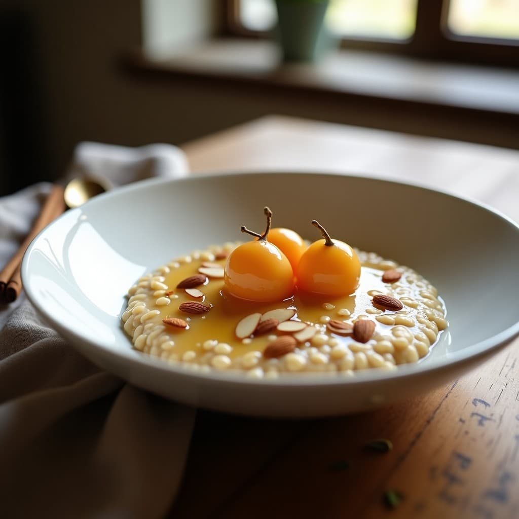 Bol de cerámica blanca con porridge de mijo cremoso, cubierto de compota brillante de ciruela Mirabelle dorada y espolvoreado con almendras fileteadas tostadas. Fondo rústico con una rama de canela y semillas de cardamomo dispersas.