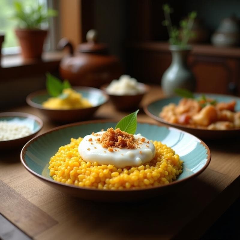 Bol rústico de barro con porridge de mijo y coco cremoso, espolvoreado con semillas de sésamo tostadas y trozos de dátil. Fondos de especias como jengibre y pimienta de Jamaica alrededor, en un estilo africano tradicional.
