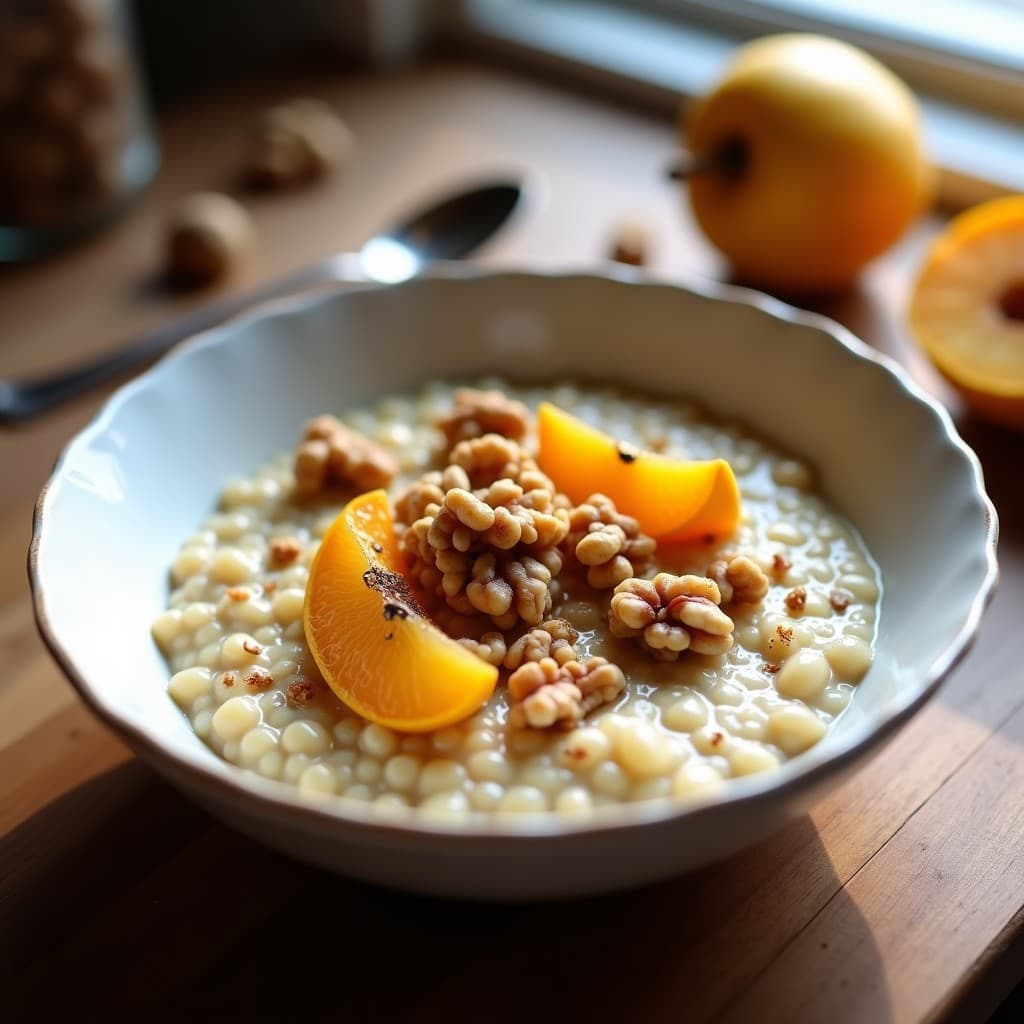 Bol de cerámica blanca con porridge cremoso de mijo, coronado por compota dorada de membrillo, nueces tostadas picadas y un hilo de miel. Fondo rústico con cuchara de madera y trozos de membrillo fresco.