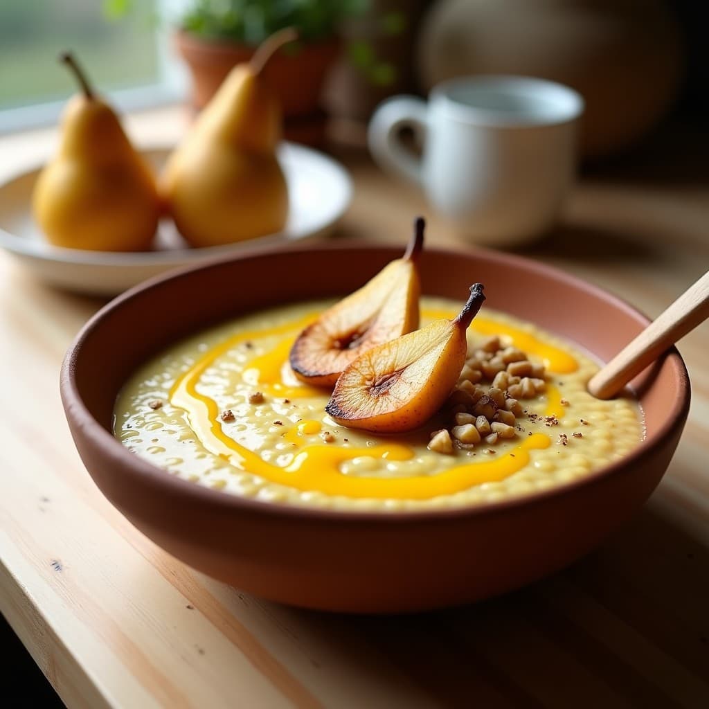 Bowl de porridge de mijo cremoso con leche de cúrcuma dorada, peras asadas caramelizadas, semillas de chía y almendras tostadas, servido en un plato de barro rústico sobre una mesa de madera con especias y hojas de menta.