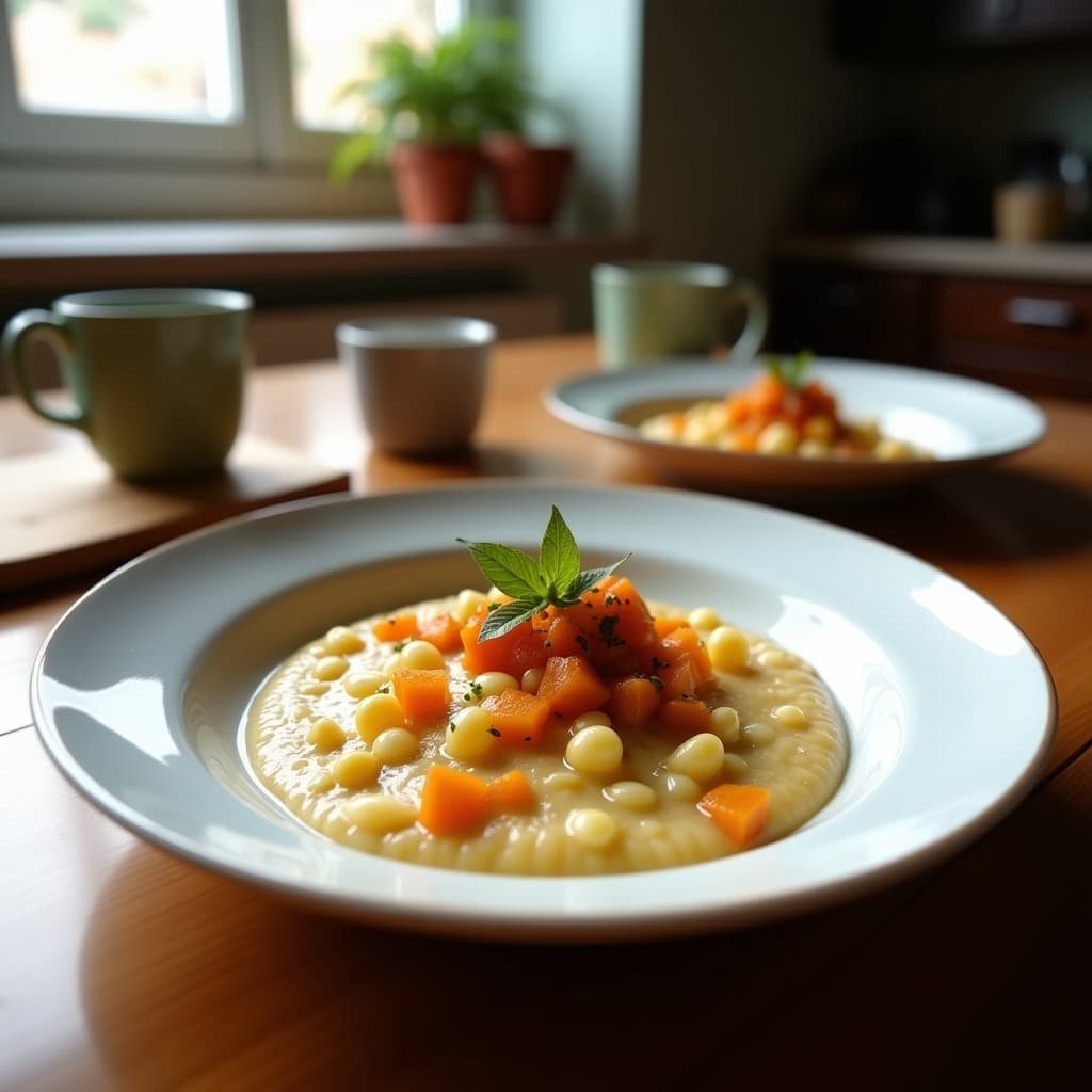 Bol de cerámica rústica con porridge de mijo espeso, cubierto de compota de higo negro brillante y almendras fileteadas tostadas, servido sobre una mesa de madera con una cuchara de madera y especias al fondo.