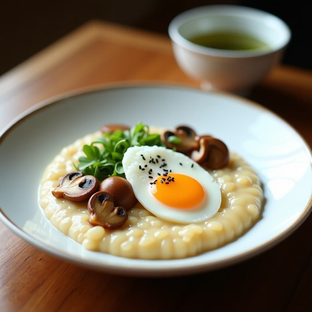 Bol hondo de cerámica blanca con porridge cremoso de mijo amarillo, coronado con hongos shimeji dorados salteados, huevo pochado de yema líquida, cebolla verde picada y semillas de sésamo negras. Plato típico japonés alto en proteína, servido sobre una mesa de madera con té verde al lado.